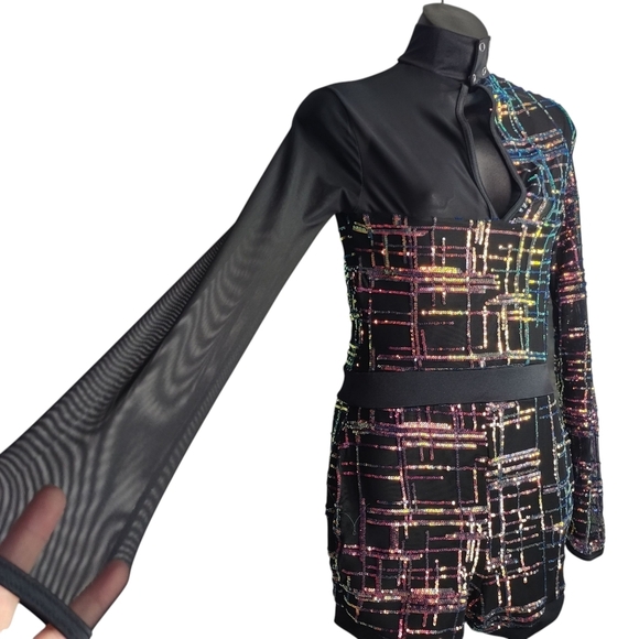 Weissman Dance Romper Sequin Black Mesh Long Sleeve Costume Adult Jazz Lyrical M - Picture 10 of 11